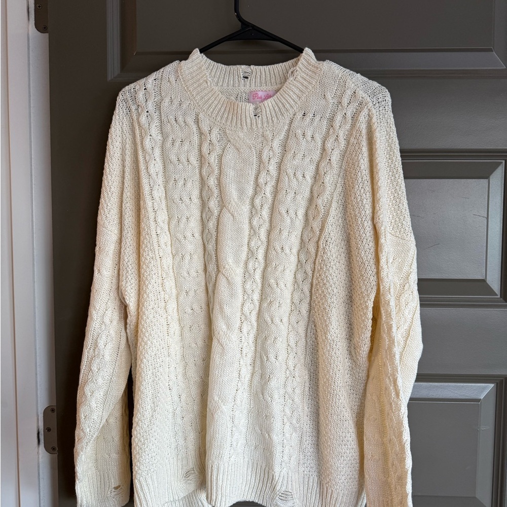 Pink Lily Distressed Cable Knit Sweater